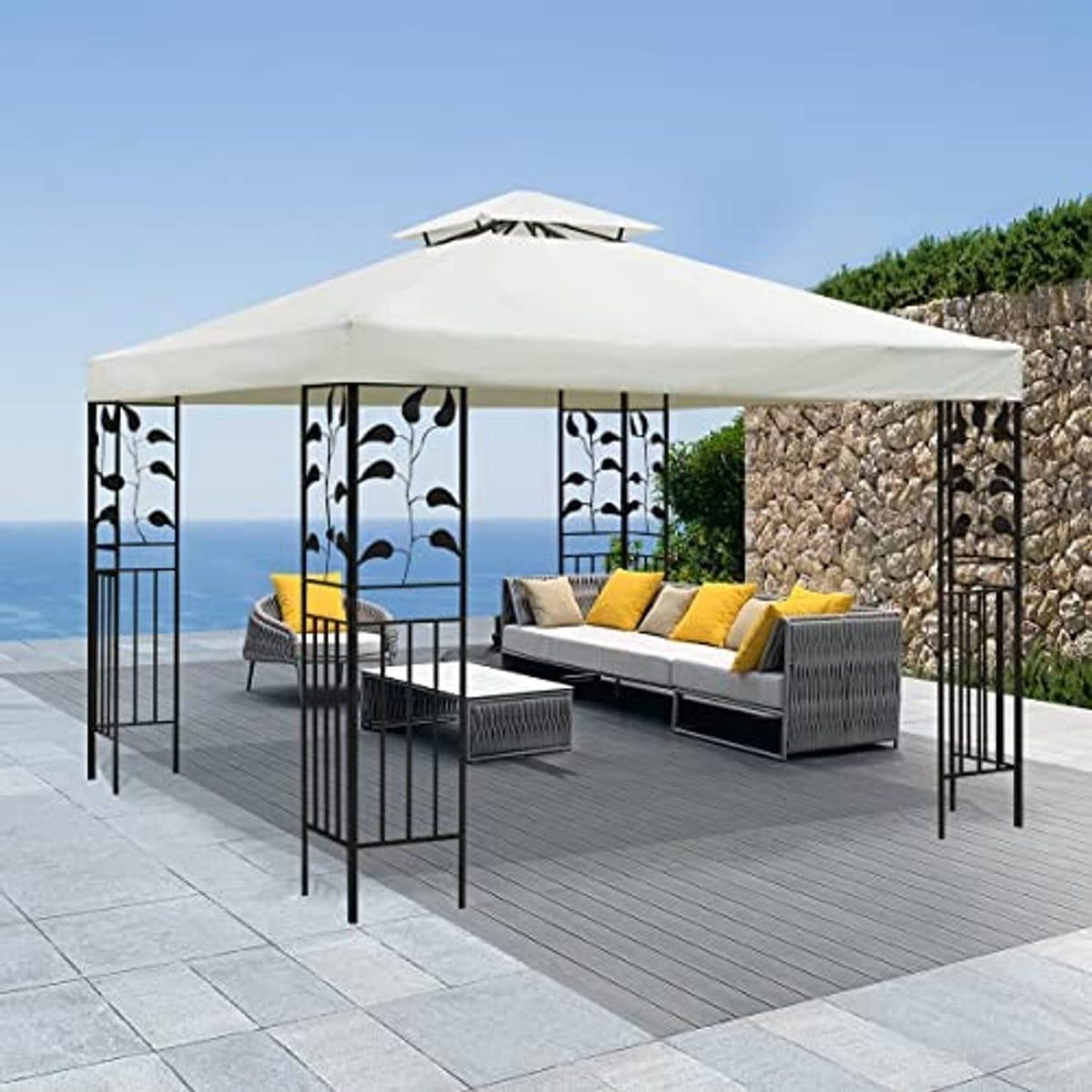 Off-white gazebo canopy top over patio seating with black support posts