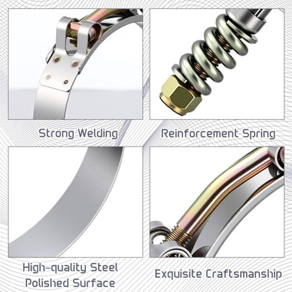 Stainless T-bolt hose clamp with reinforcement spring, polished band and welded body