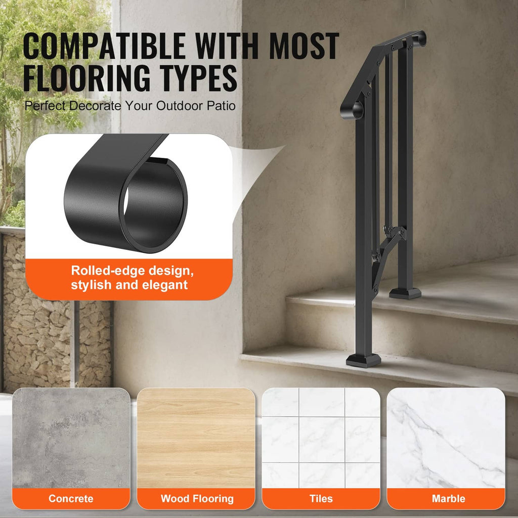 Black porch step handrail with rolled-edge grip and freestanding stair posts.