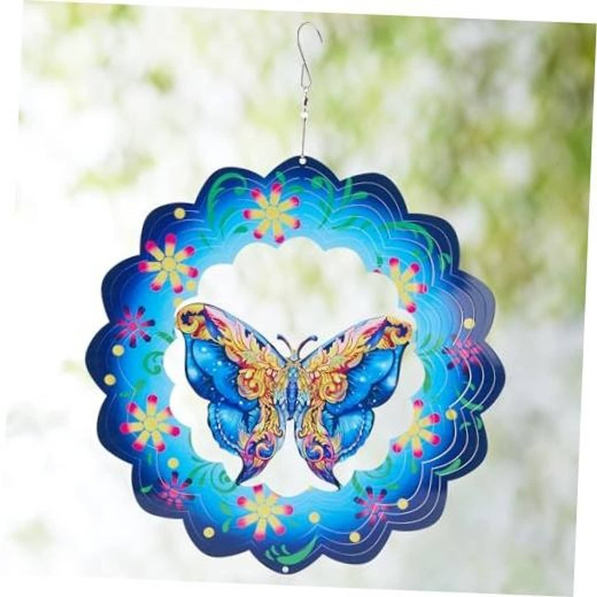 3D butterfly wind spinner with blue wings, colorful accents, and hanging metal hook