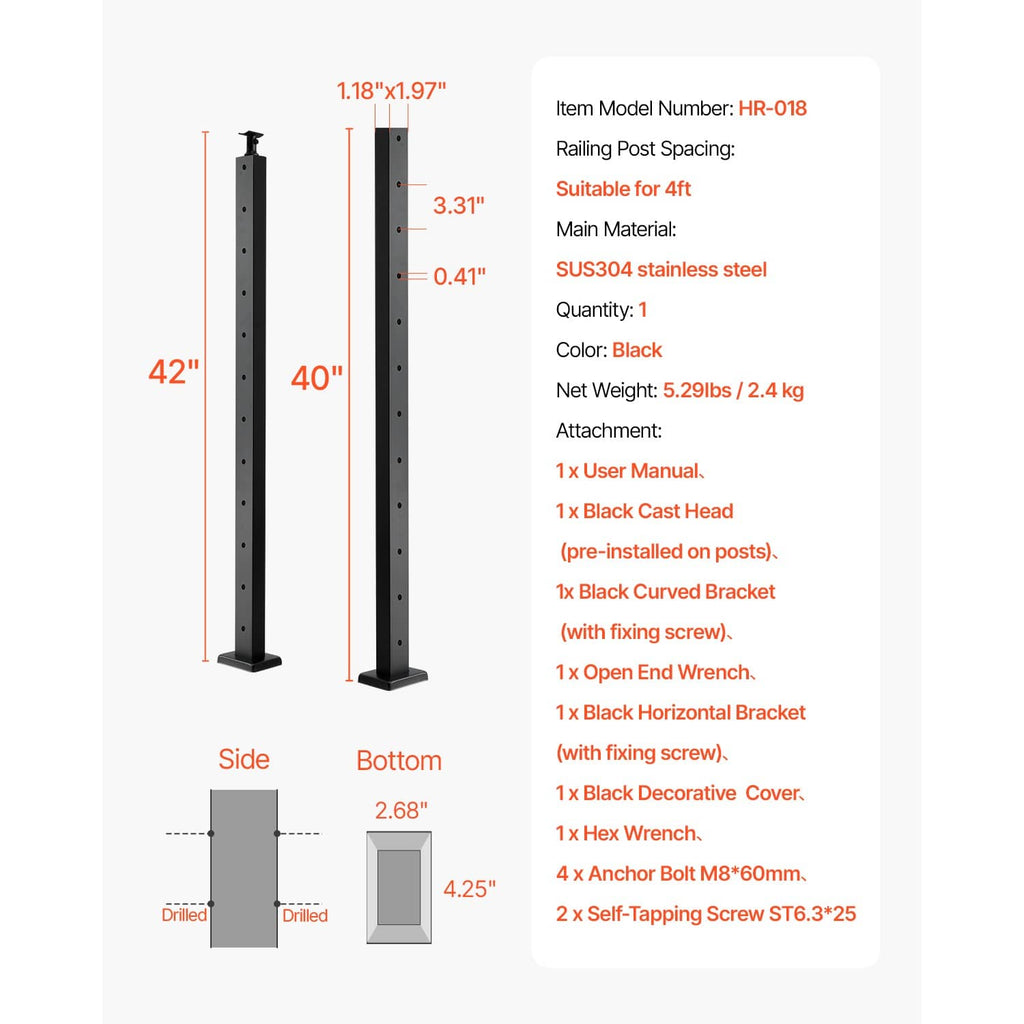 Black cable railing post with height, spacing, and base dimension diagram