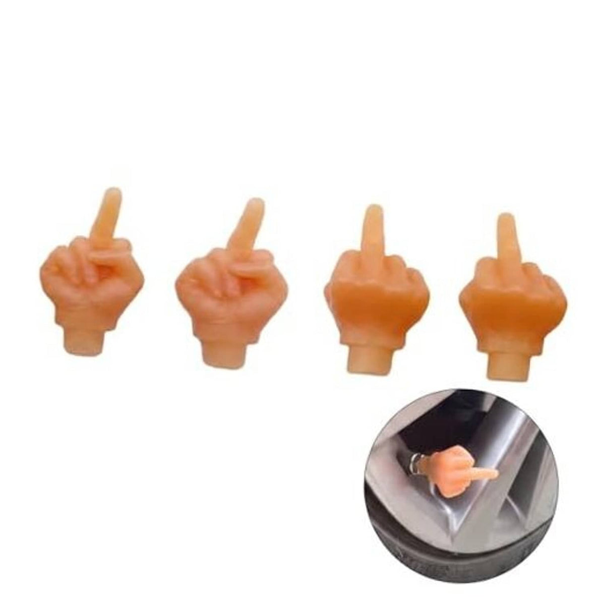 Set of four orange TPR valve stem caps shaped like middle fingers.