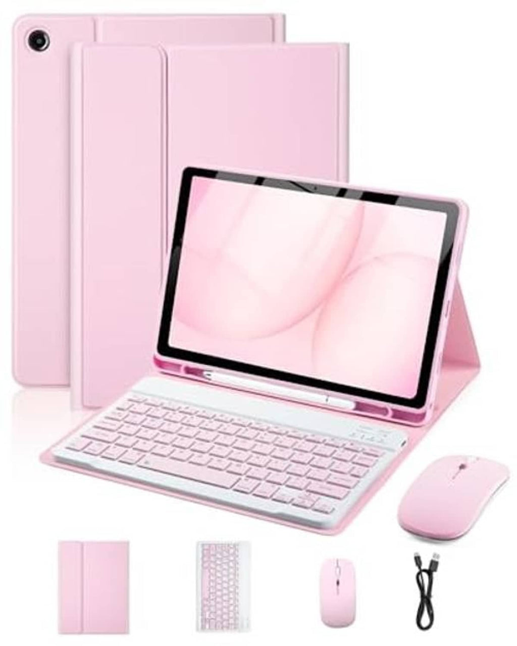 Pink folio keyboard case with tablet stand, full keyboard, matching mouse and charging cable