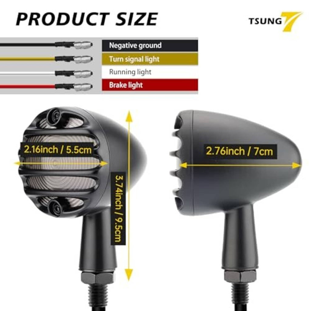 Black motorcycle LED turn signal light showing size dimensions for housing and lens
