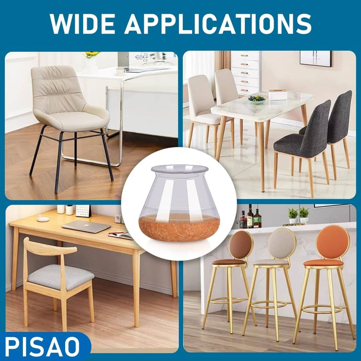 Furniture leg floor protectors with wide-use fit on chairs and stools, clear round caps