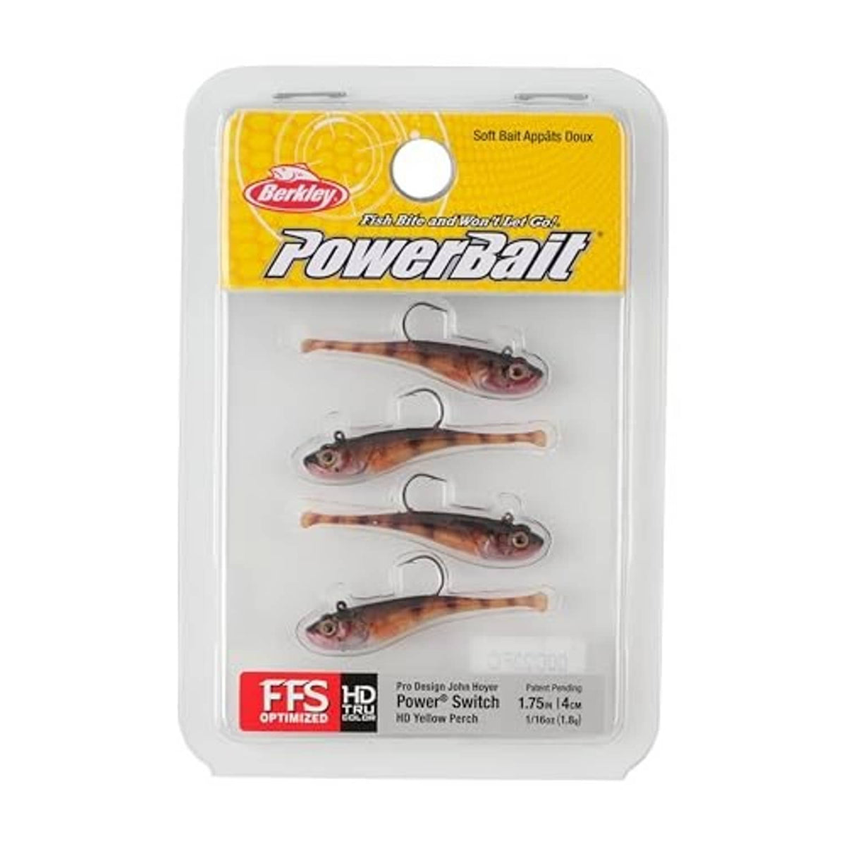 Berkley Powerbait Power Switch soft plastic bait package, yellow perch, 1.75 in