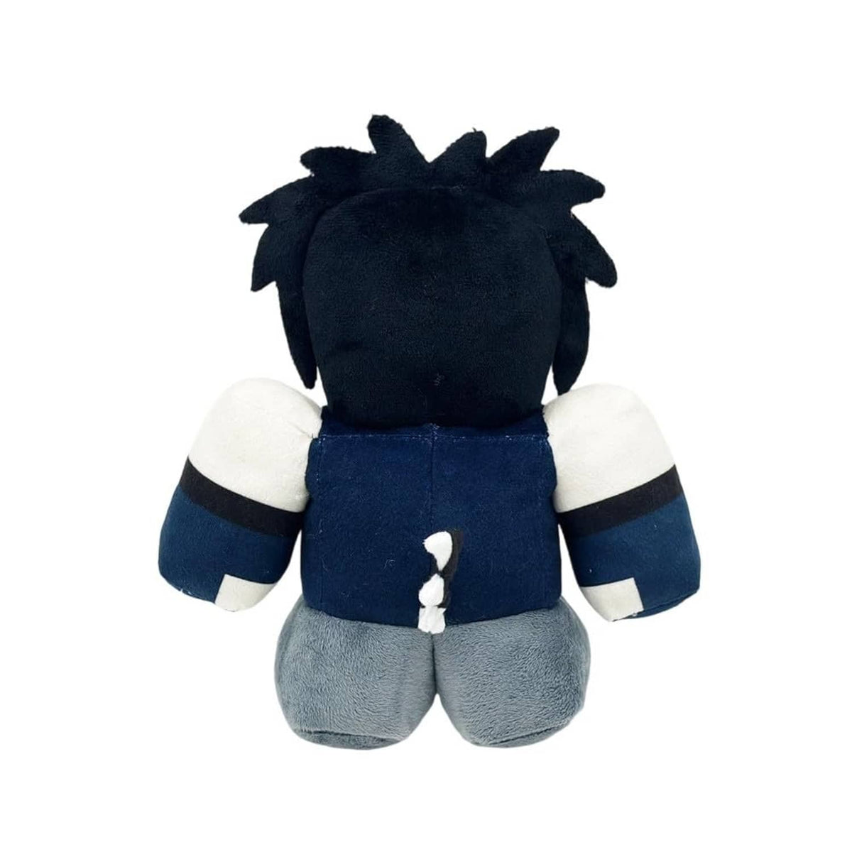 Plush stuffed figure pillow boy back view with dark hair, navy shirt, gray pants