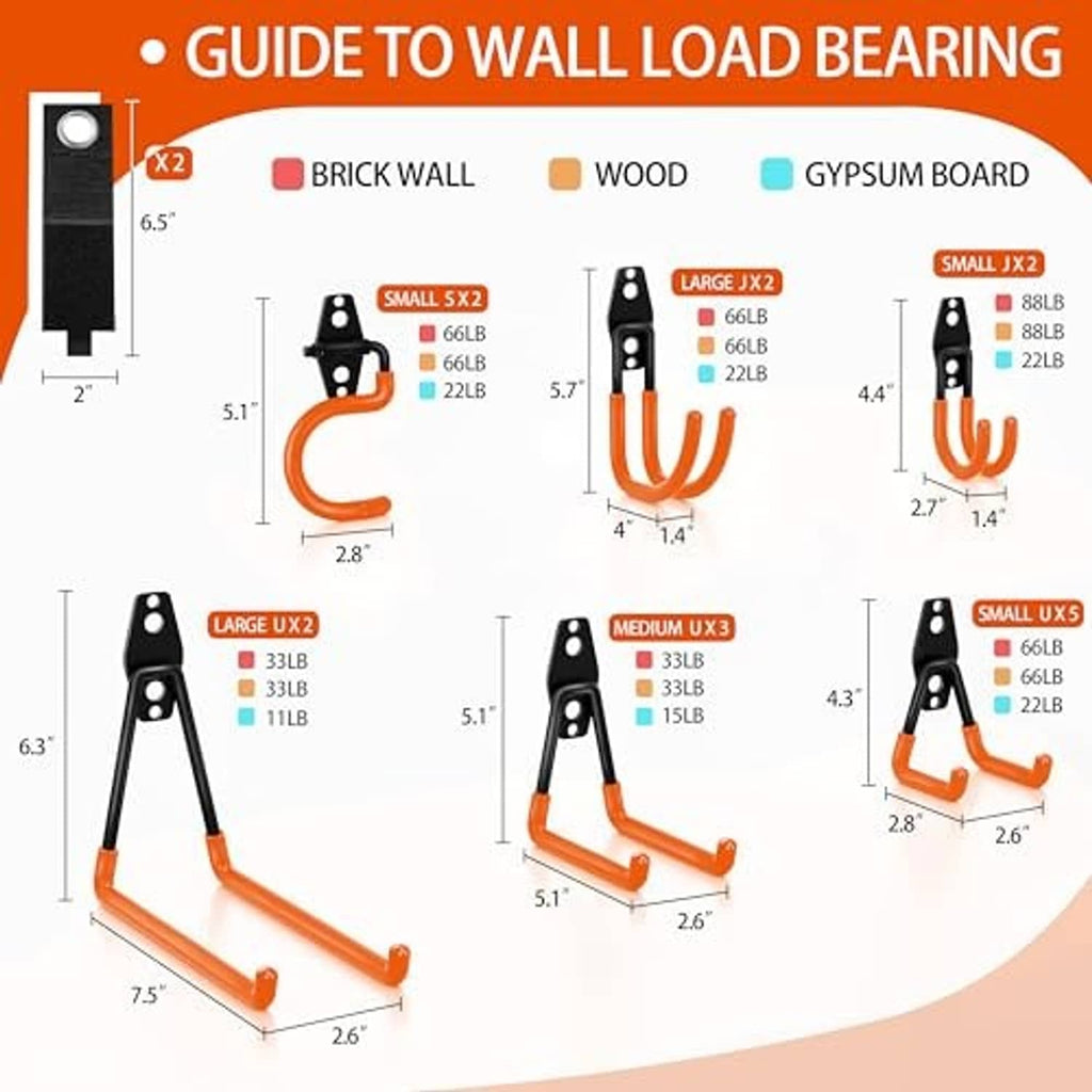 Garage hook size chart featuring black-and-orange hooks with load rating diagrams