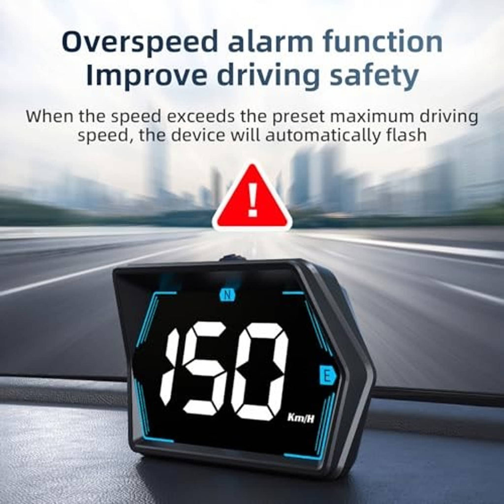 Car HUD speedometer with overspeed warning icon and blue LED speed digits