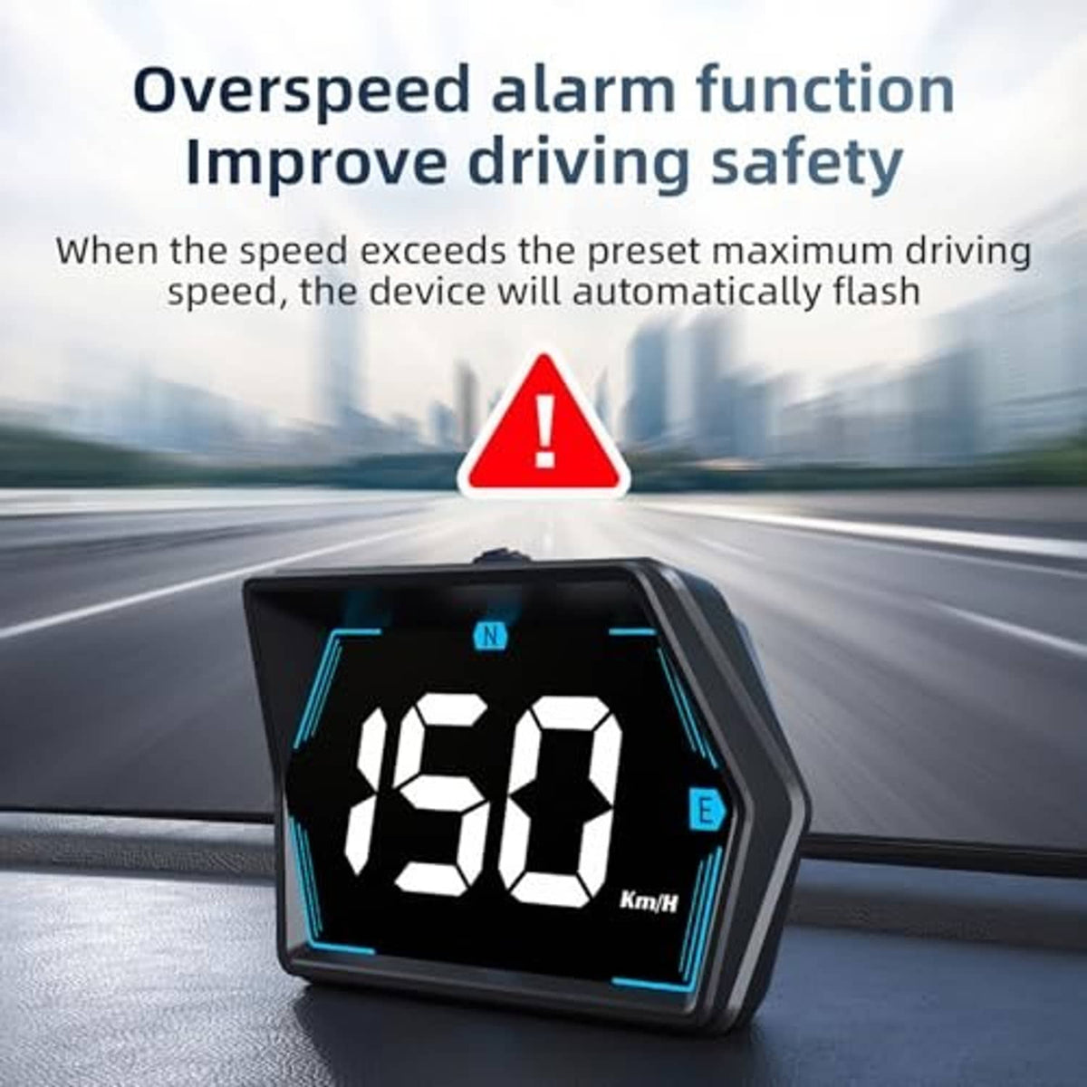Car HUD speedometer with overspeed warning icon and blue LED speed digits