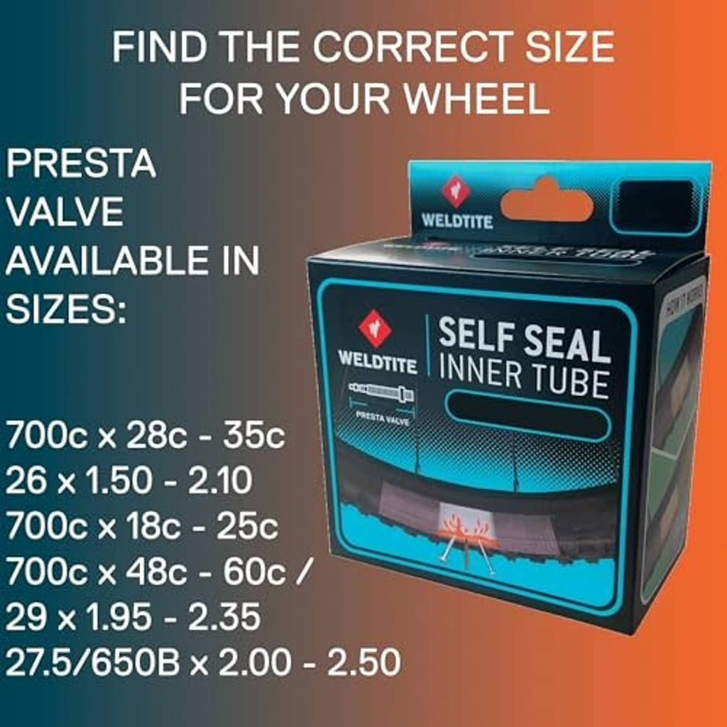 WELDTITE self-seal inner tube box with Presta valve size options for 700C