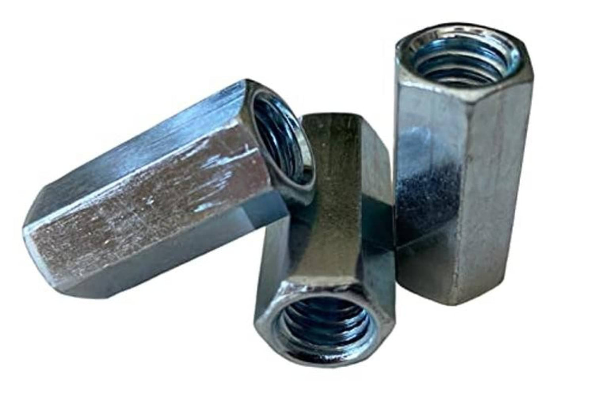 Set of zinc-plated hex rod coupling nuts with internal threading and hex drive