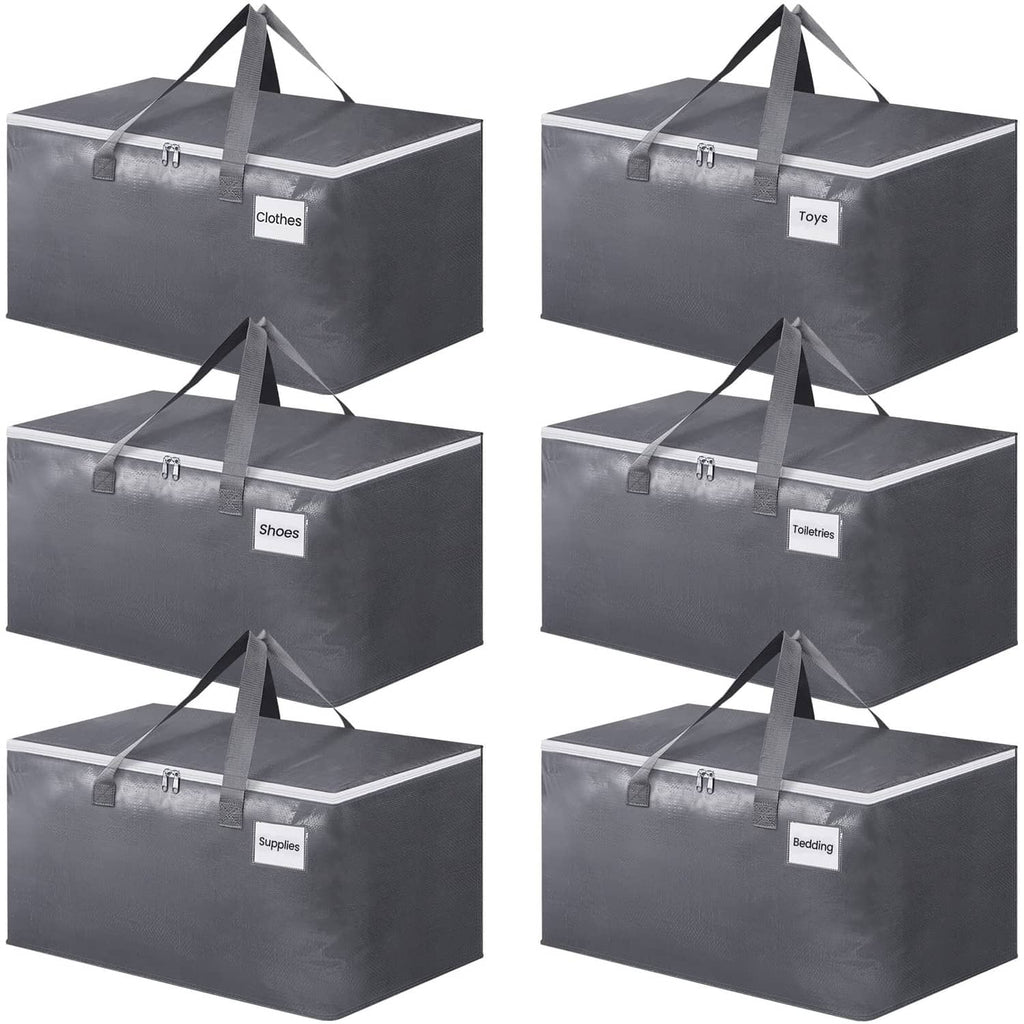 Gray large storage moving bags set with zip tops, carry handles, and labeled front tags