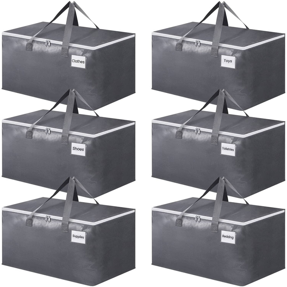 Gray large storage moving bags set with zip tops, carry handles, and labeled front tags
