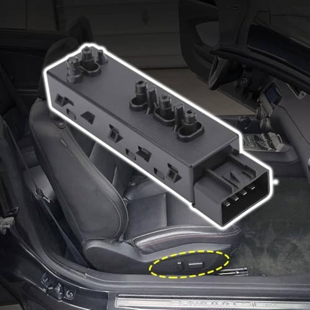 Power seat switch module installed in vehicle interior, showing knob controls