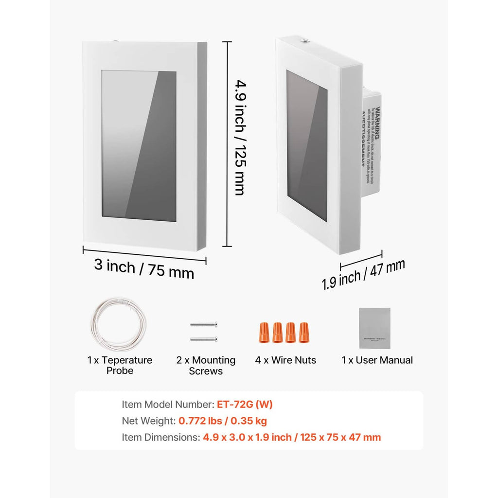 Thermostat dimensions with included parts: temperature probe, mounting screws, wire nuts, manual