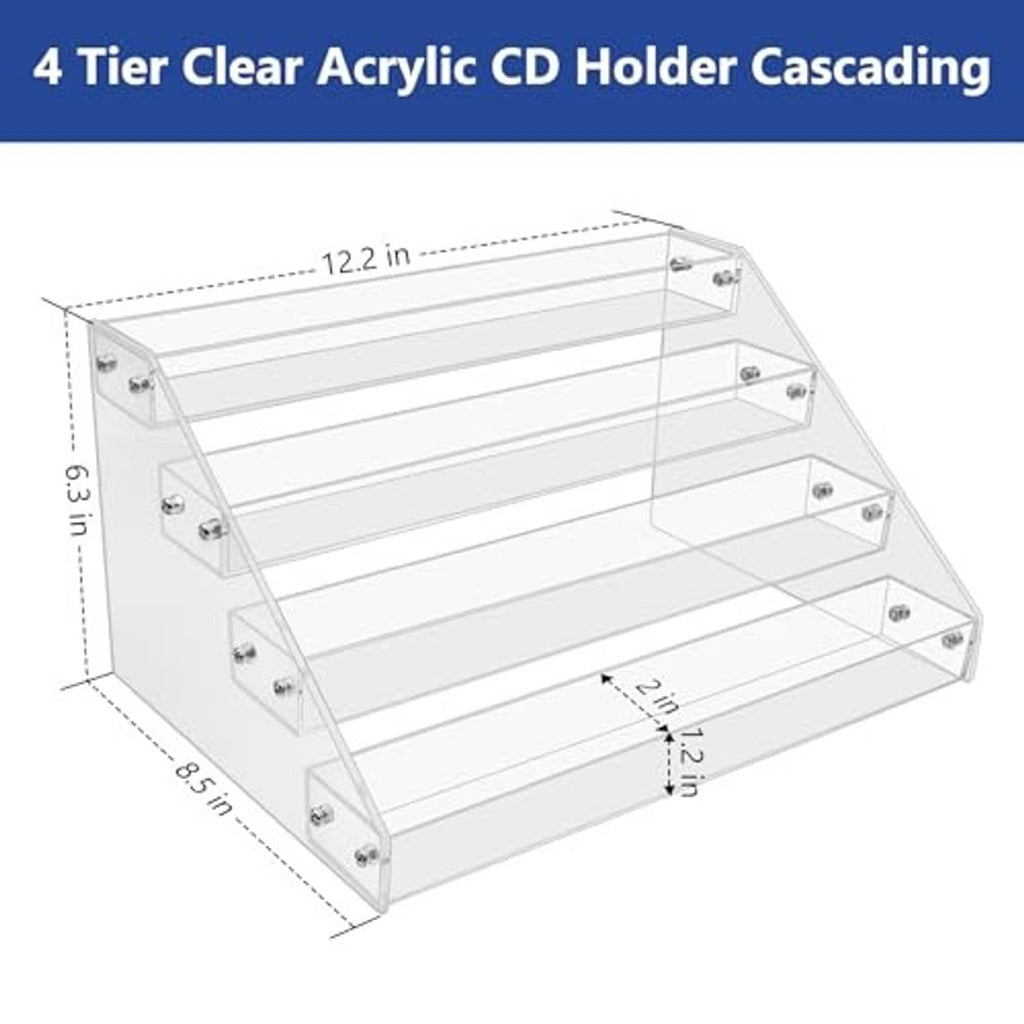 Clear acrylic 4-tier CD/DVD holder rack with front tiers and side hardware