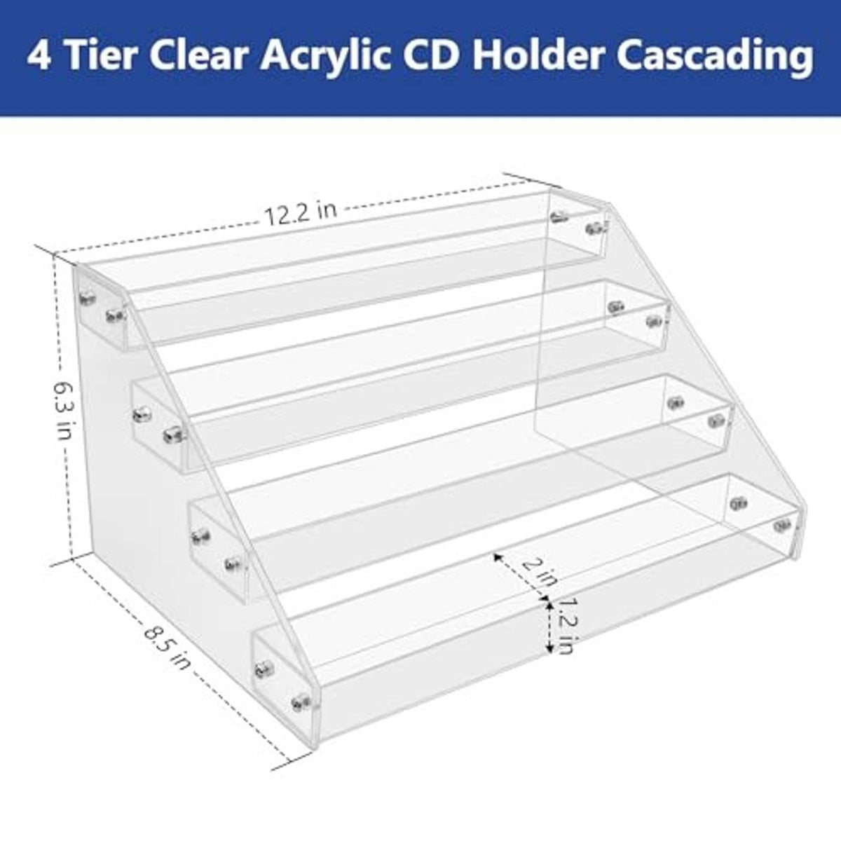 Clear acrylic 4-tier CD/DVD holder rack with front tiers and side hardware