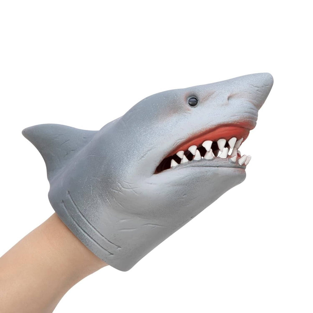 Gray shark hand puppet with open mouth, pointed fin, and white teeth on hand