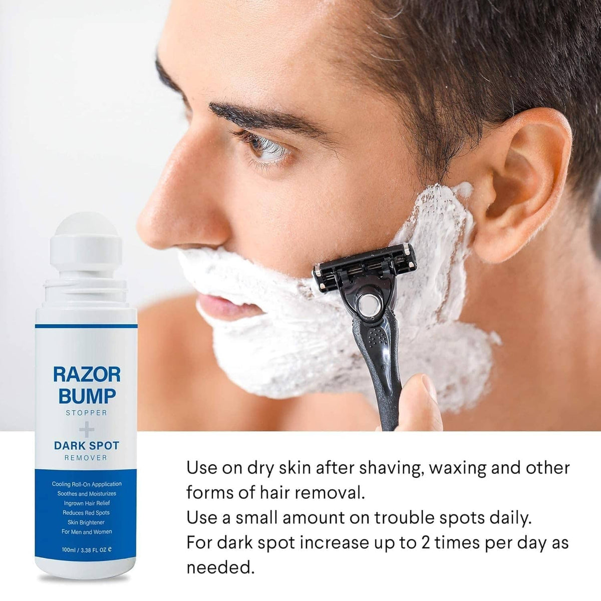 Dark spot remover bottle beside woman applying shaving foam to face