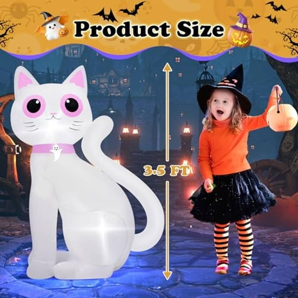 White inflatable cat decoration with LED lights shown with size and kid Halloween use.