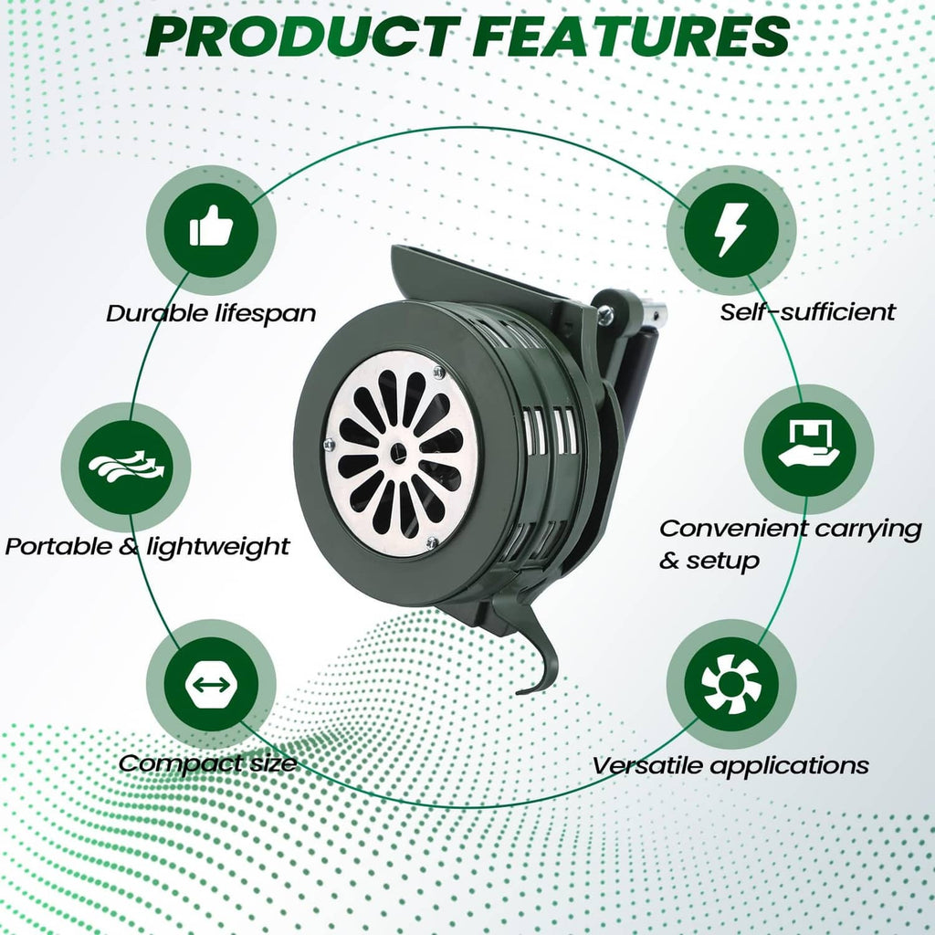 Green portable air raid siren with circular speaker, side handle, and crank