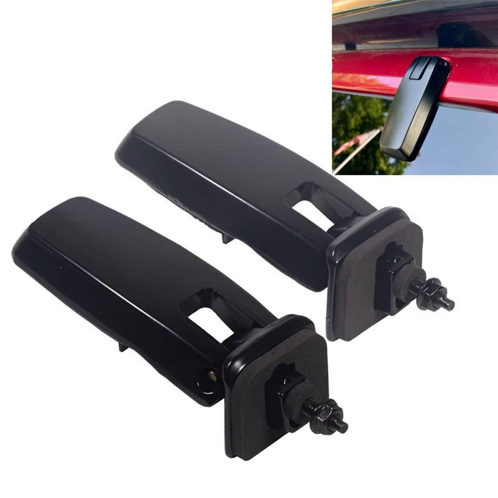 Black liftgate window hatch hinge pair with mounting bolts, front view with inset