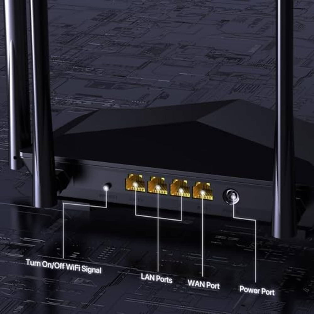 Tenda WiFi router rear panel with LAN, WAN, power ports and on/off switch.