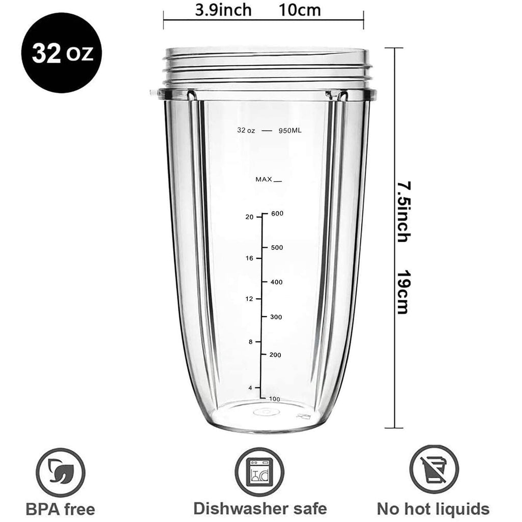 32 oz clear blender cup with measurement markings and lid