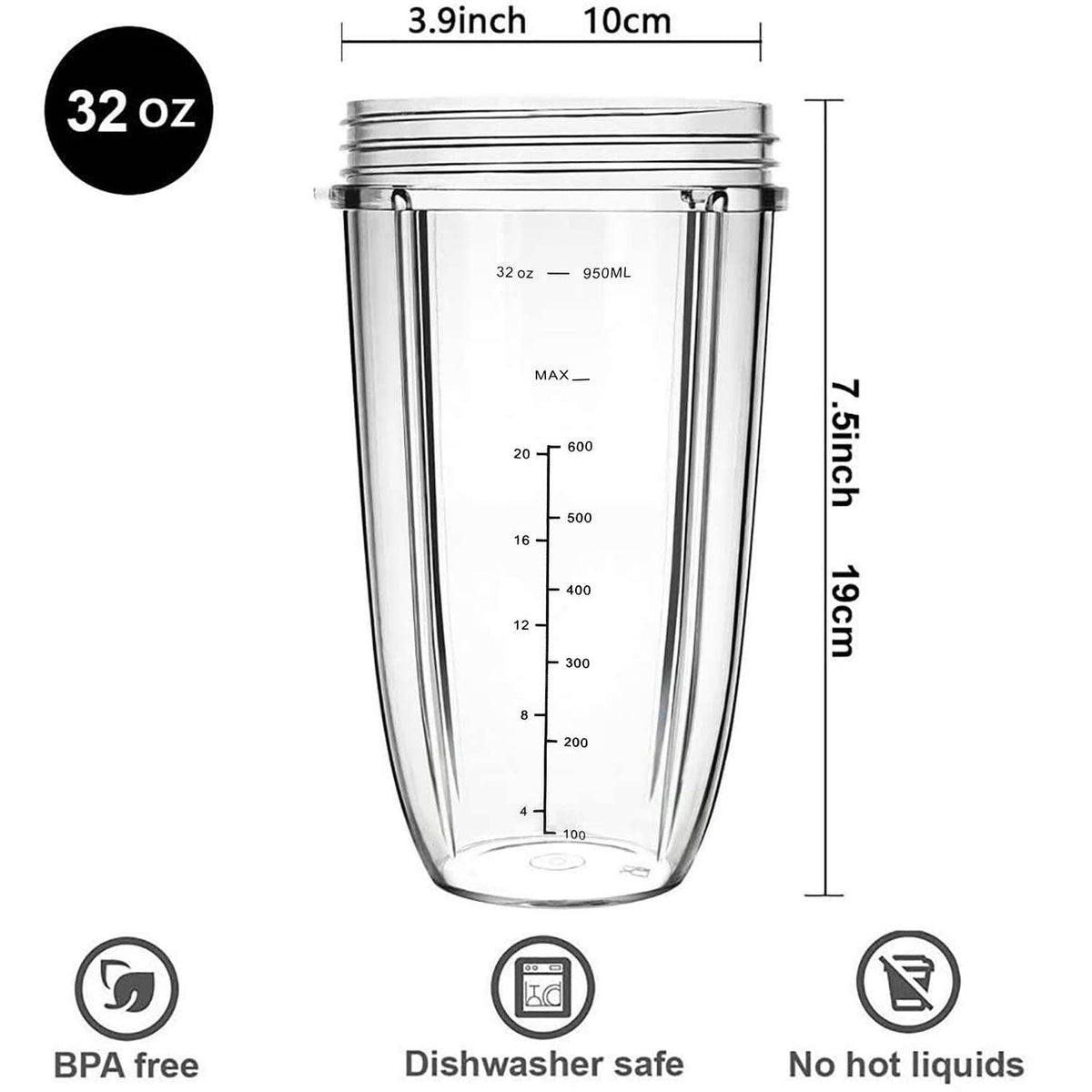 32 oz clear blender cup with measurement markings and lid