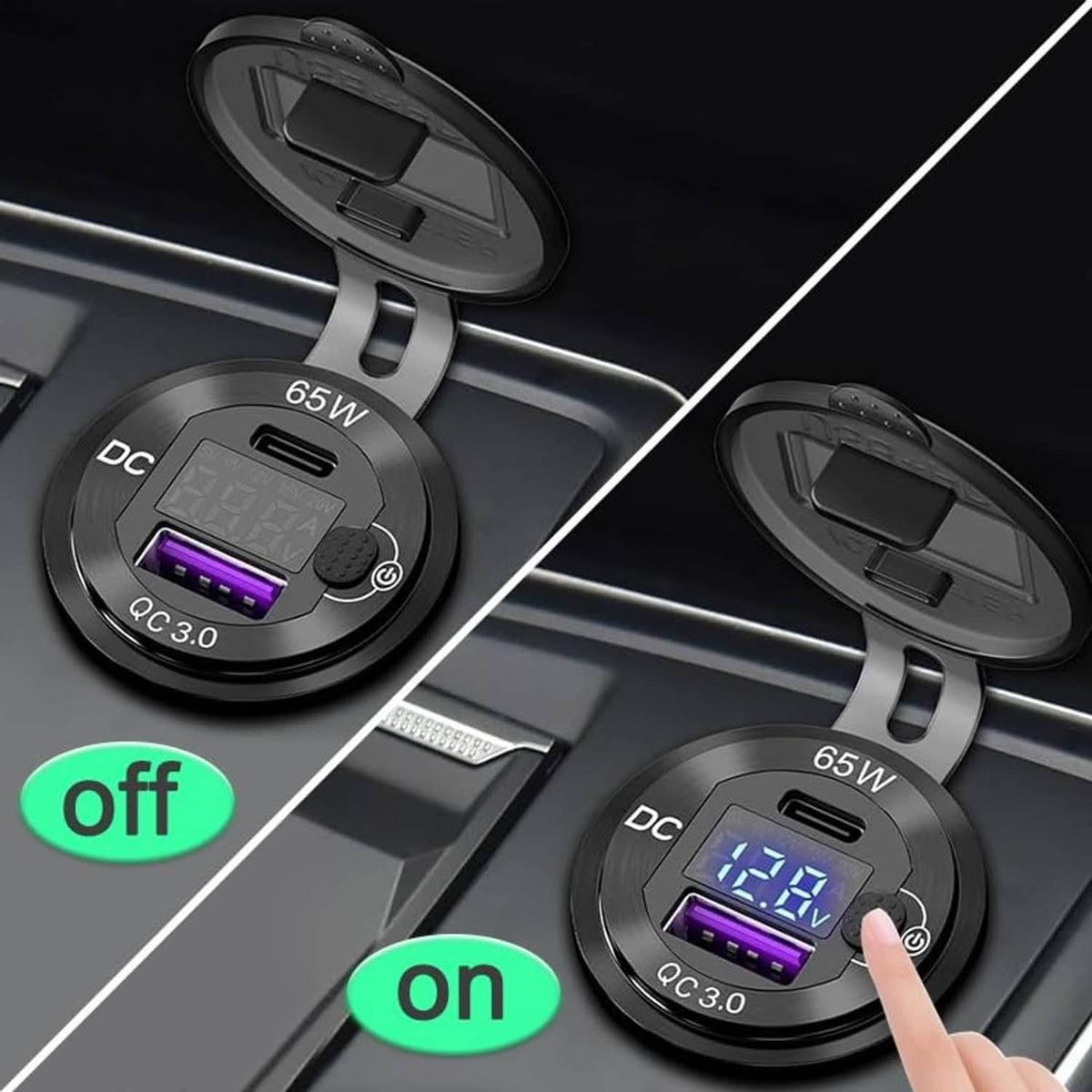 Black 12V car USB-C charger with 65W screen, QC 3.0 purple bar, and touch control