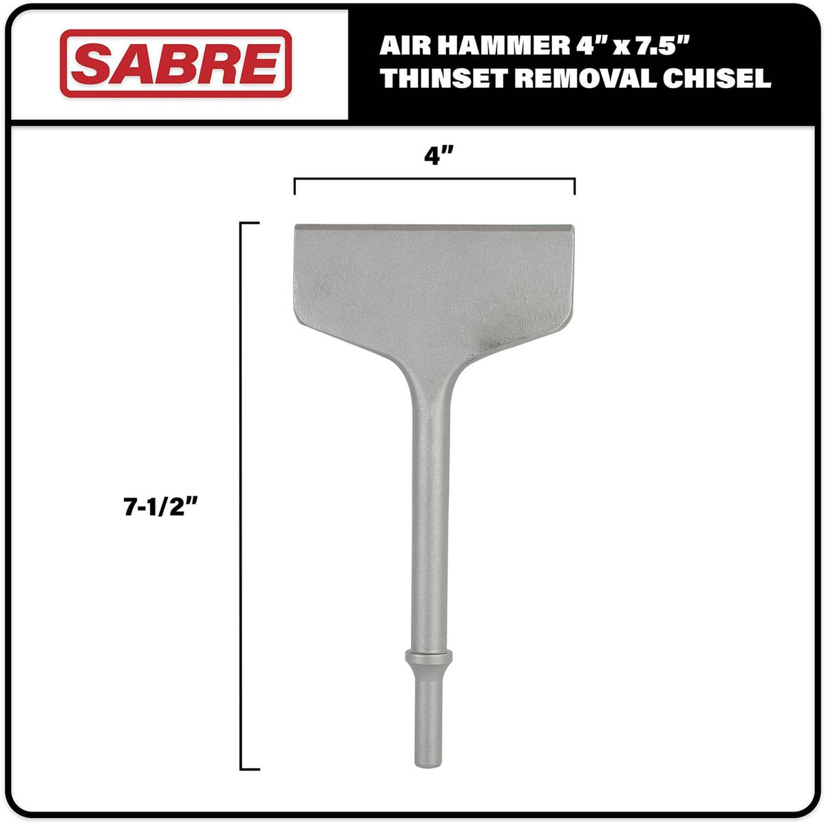 Sabre Tools 4 in x 7.5 in thinset removal air hammer chisel bit, package diagram