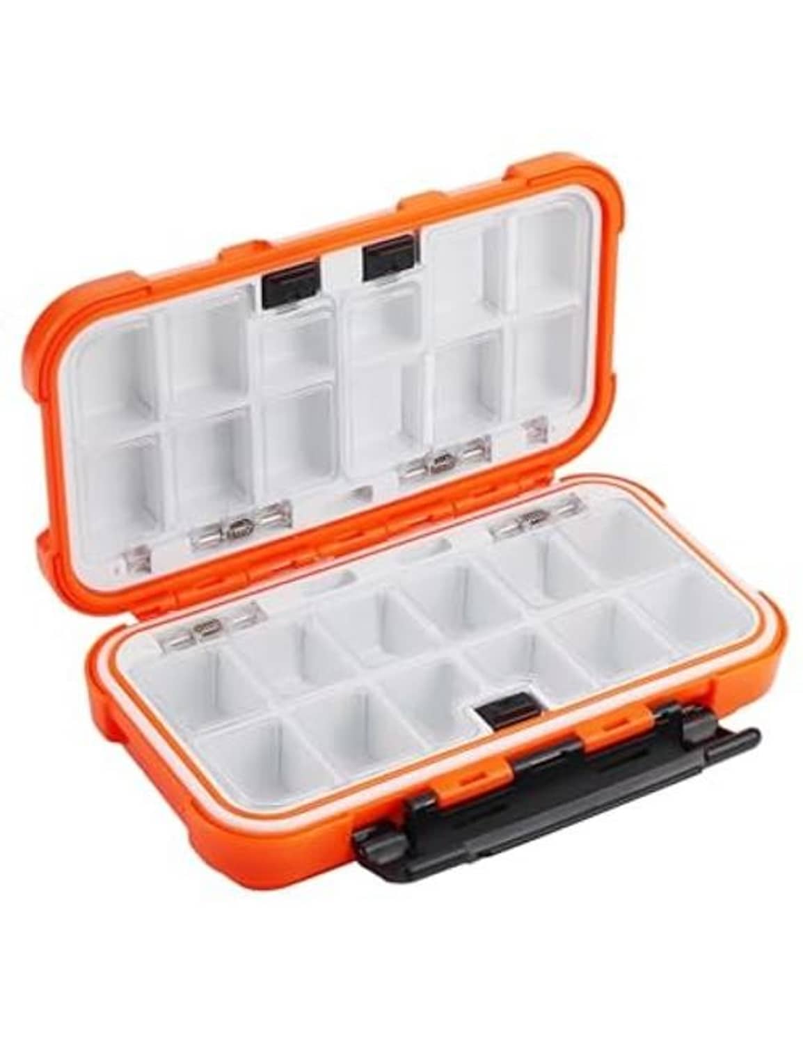 Orange mini waterproof tackle box with lid open, clear divided compartments and latch