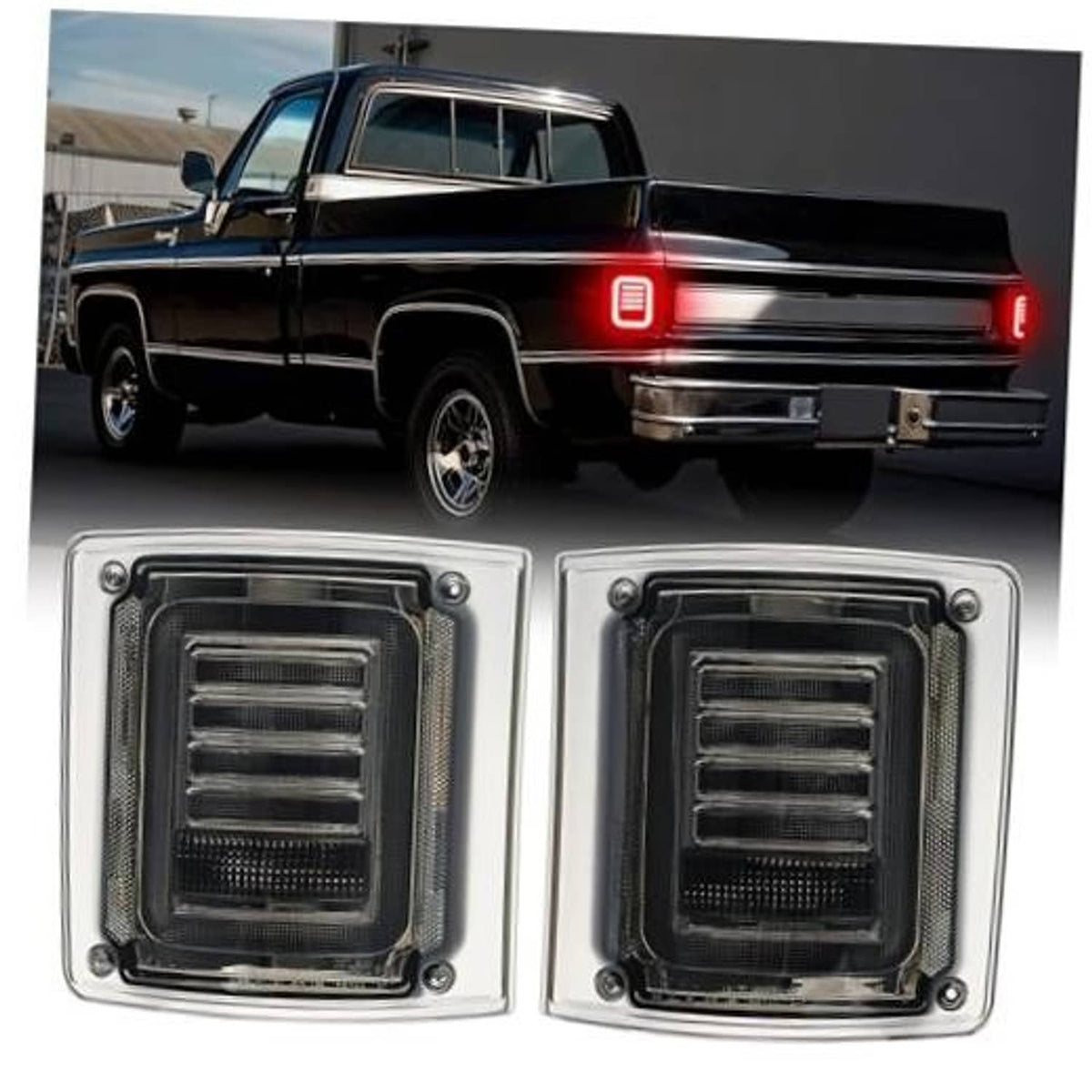 Pair of smoked-lens LED tail lights with chrome frames and square lens windows