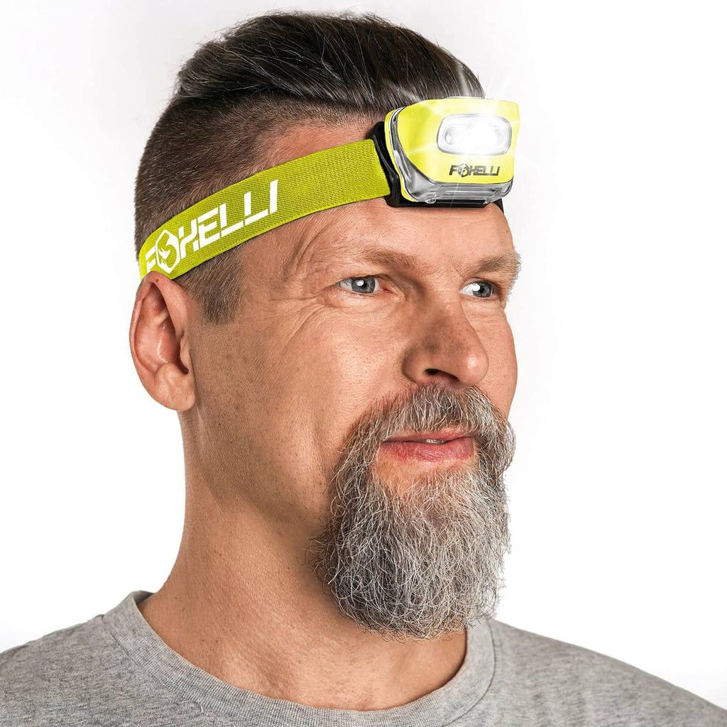Neon yellow adjustable headlamp on man’s forehead, compact LED lens and strap