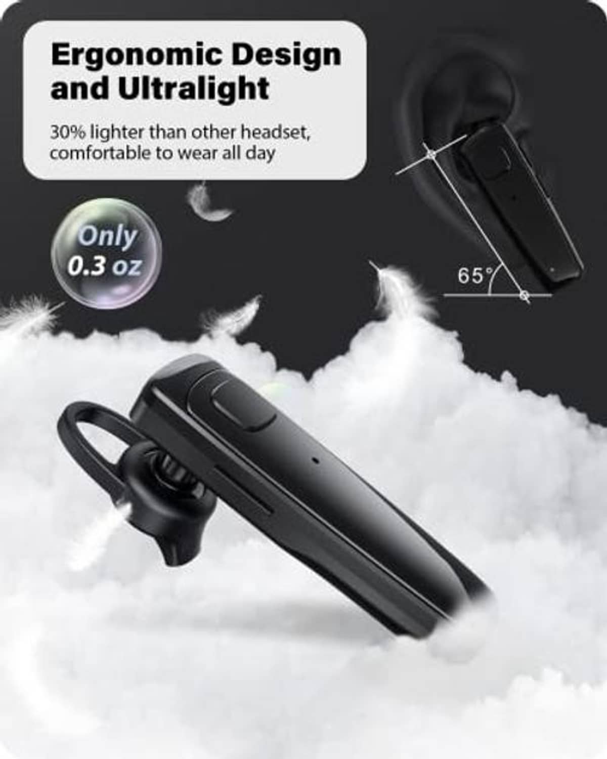 Black Bluetooth headset with ergonomic ear hook design for comfortable wear.