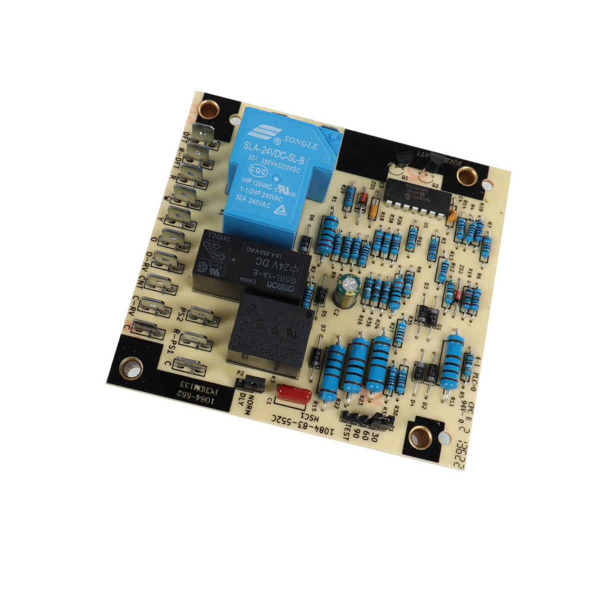 Control PCB with blue relay, resistors, and integrated circuits for defrost control