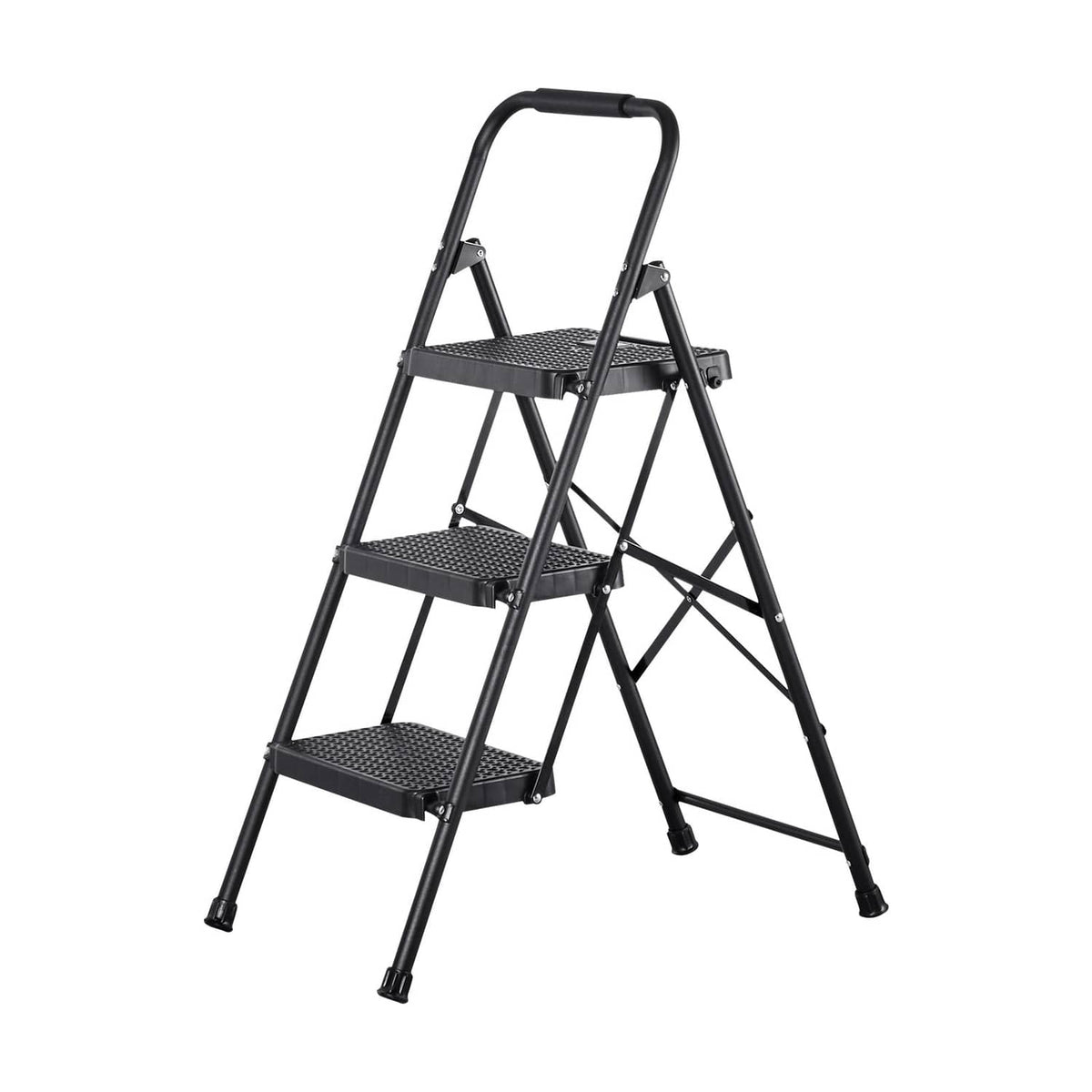 Angled view of black 3-step steel folding ladder with handgrip and non-slip steps