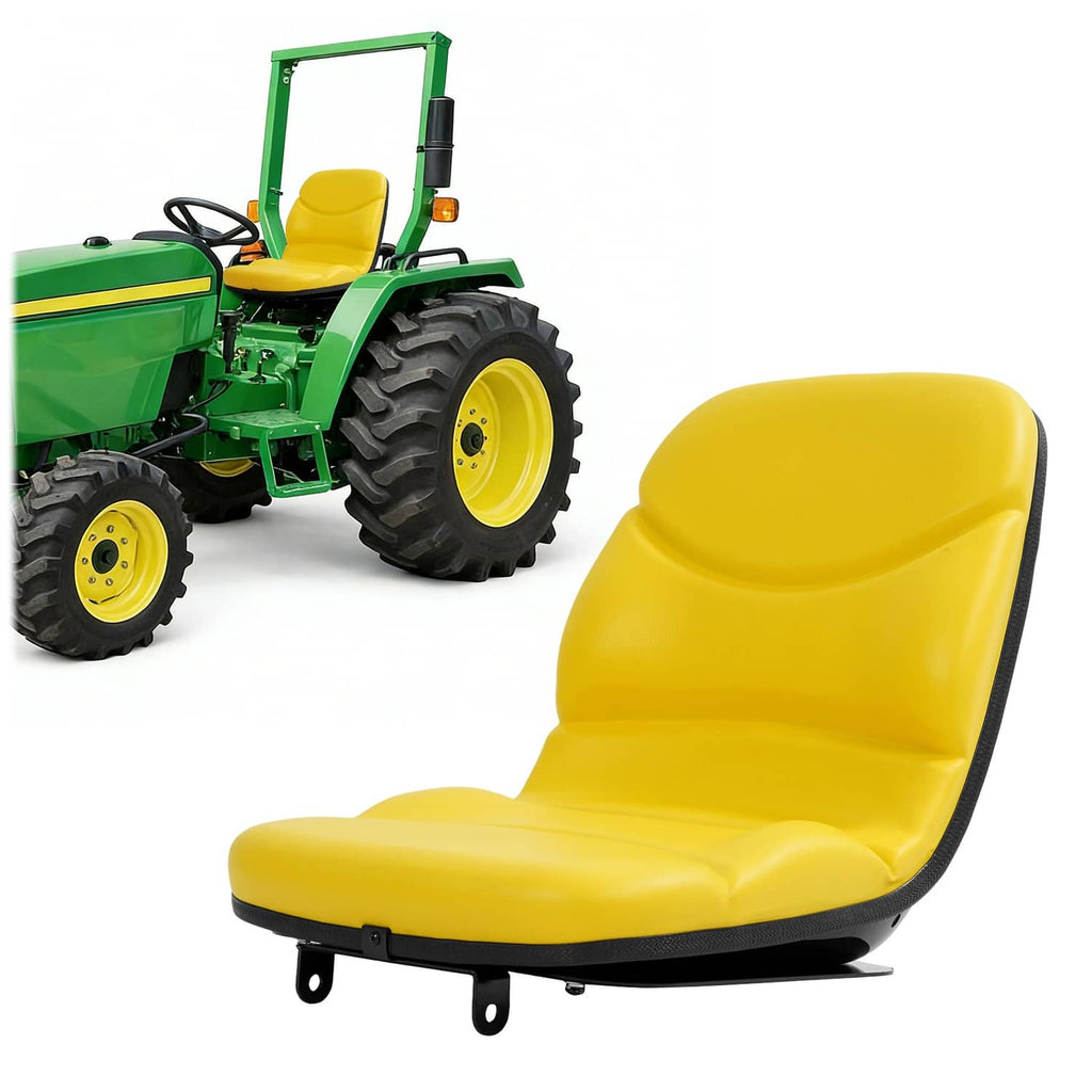 Yellow tractor seat cushion with black mounting posts and contoured backrest