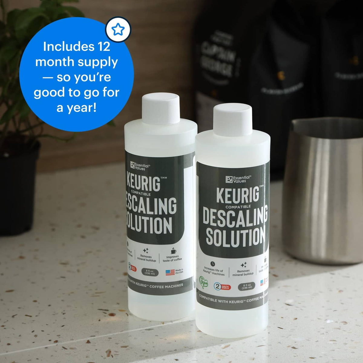 Keurig-compatible descaling solution bottles on countertop, pack of 2 (8 fl oz)