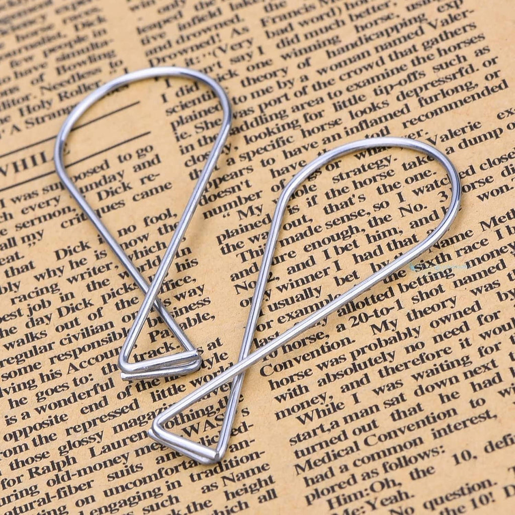 Two silver ceiling hook clips with triangular top and curved loop