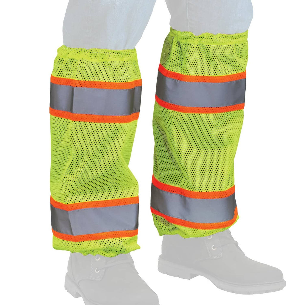 High-visibility lime mesh leg gaiters with orange reflective stripes and gray panels