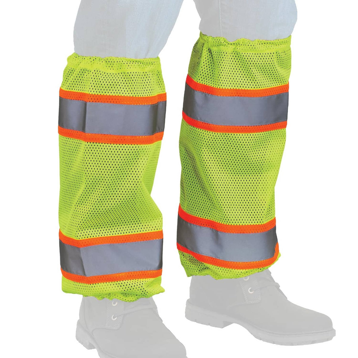 High-visibility lime mesh leg gaiters with orange reflective stripes and gray panels
