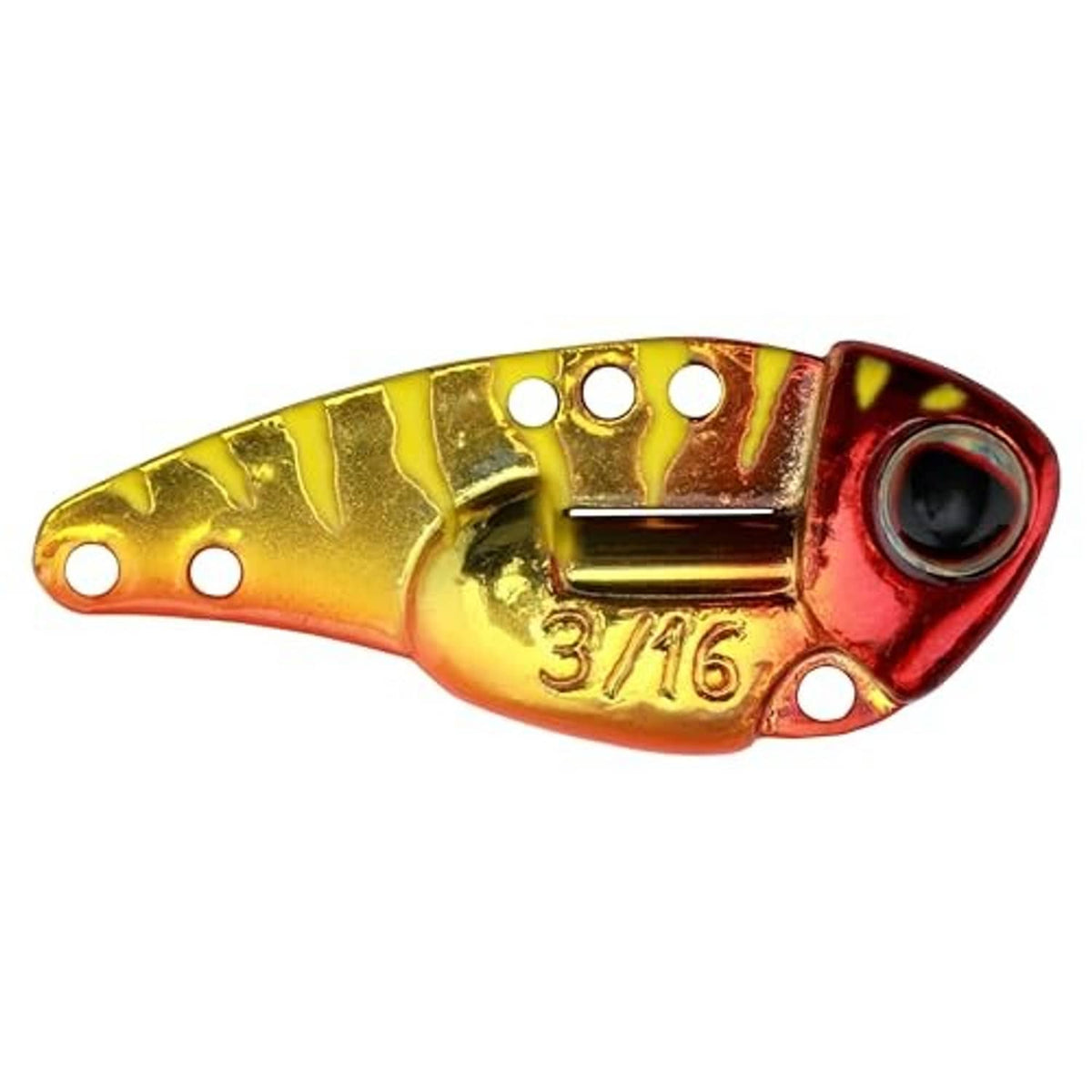 Gold and red blade bait fishing lure with round eye and 3/16 oz marking