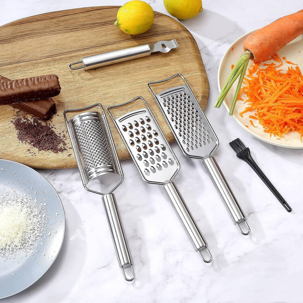 Stainless steel grater set with three grating faces and one cylinder-style grater