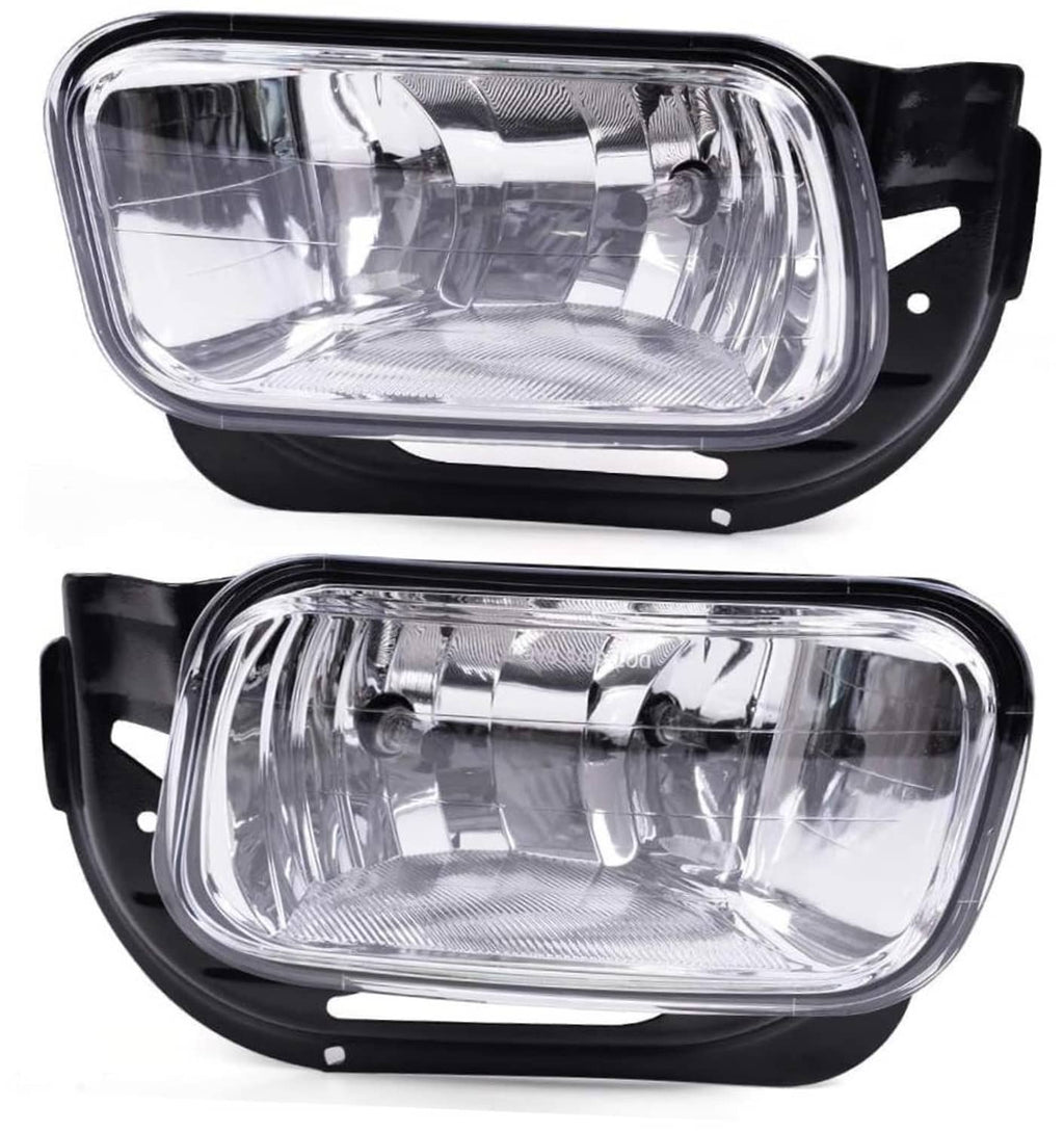 Pair of front fog light housings with clear lens, chrome reflector, and black trim