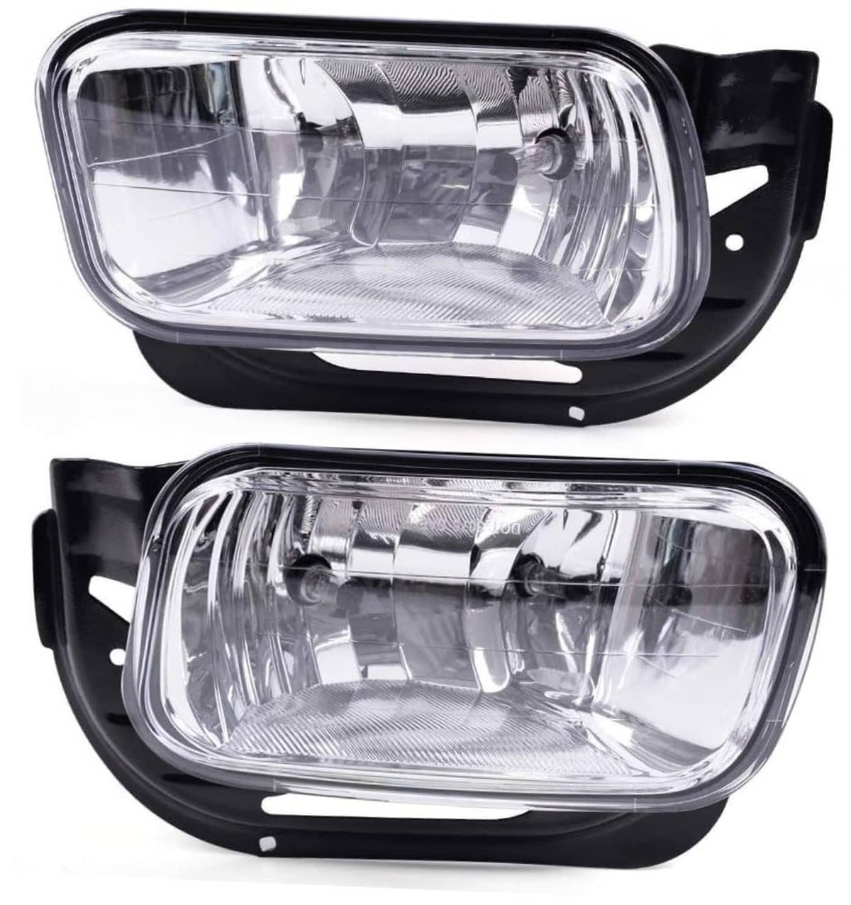 Pair of front fog light housings with clear lens, chrome reflector, and black trim