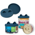 Small teal silicone cat can lids set with hinged lid and two cups