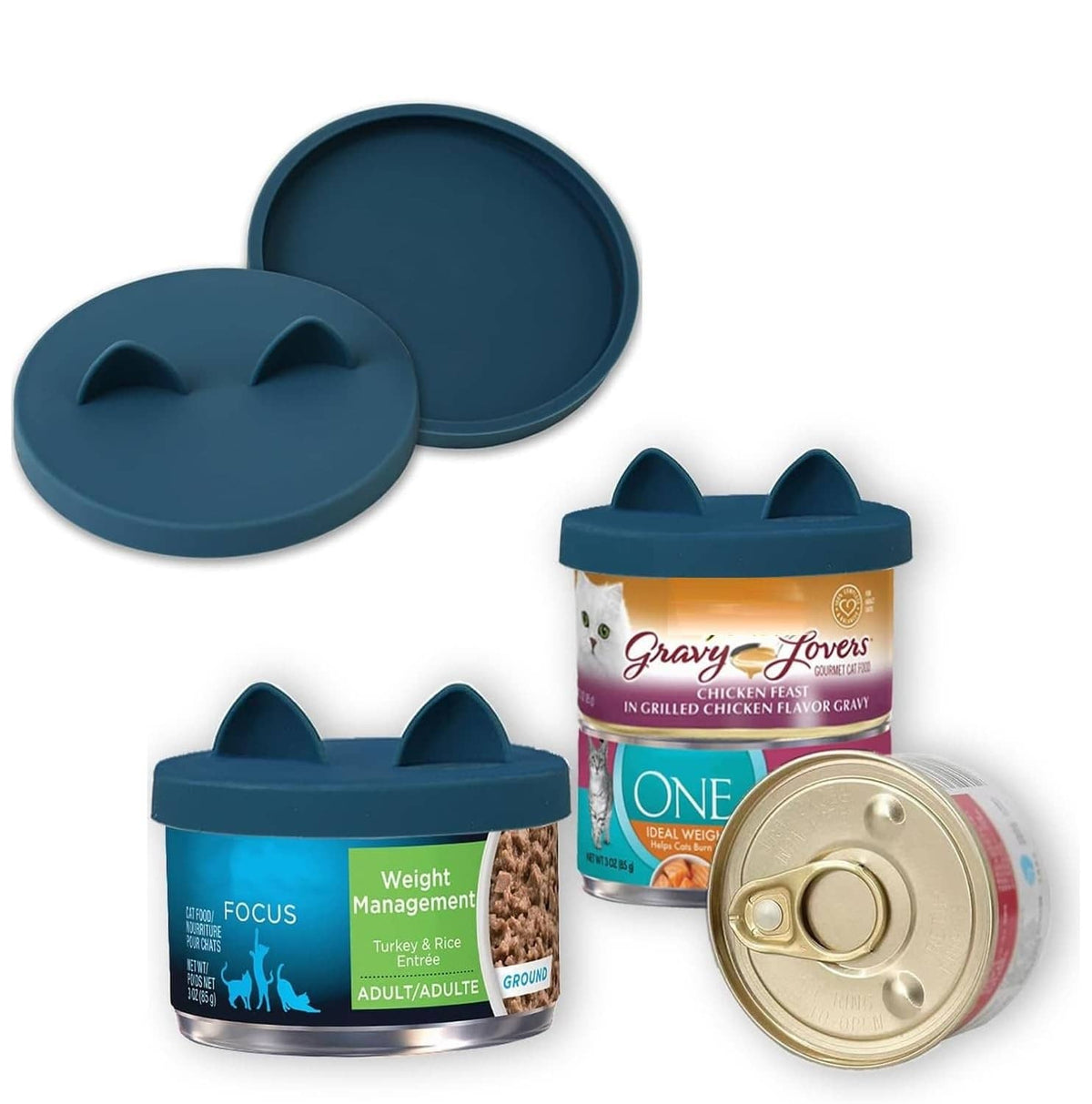 Small teal silicone cat can lids set with hinged lid and two cups