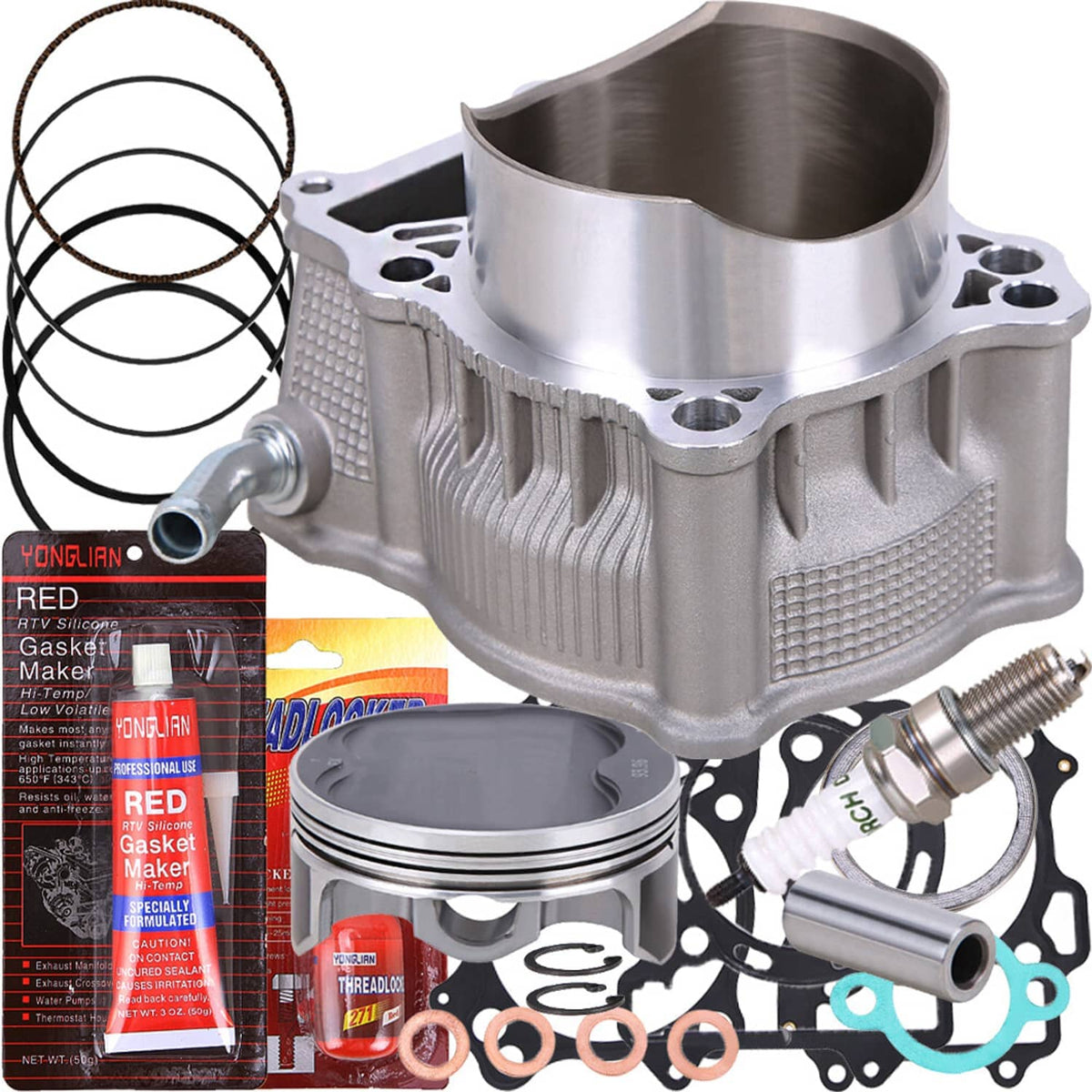 Aluminum big-bore cylinder and piston with spark plug and rebuild seals, silver gray